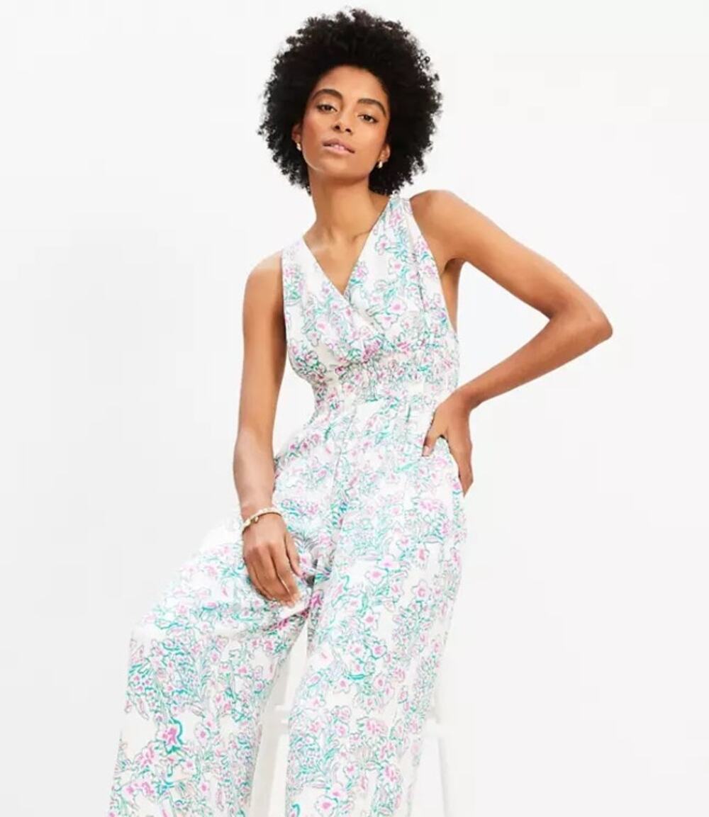 LOFT Women's Floral Smocked Criss Cross Back Jumpsuit Size 18